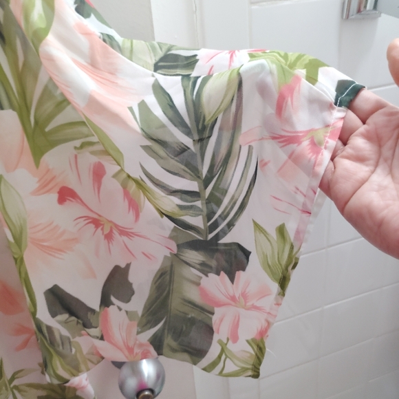 Kimono Hawaiian Botanical Floral Hibiscus Fern Beach Coverup White Pink Green - Picture 4 of 13